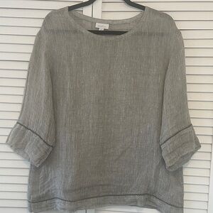 Elegant Purejill, Sage Green/White 100% Linen Blouse with 3/4 sleeves.